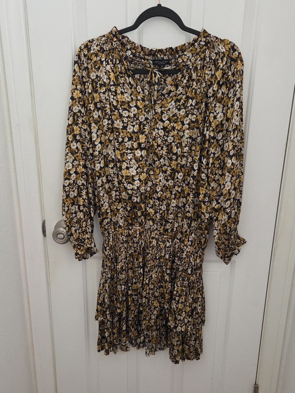 Current Air Black and Mustard Floral Long-Sleeve Smocked Dress